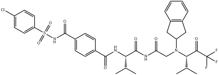 N-((4-((((4-chlorophenyl)sulfonyl)amino)carbonyl)phenyl)oxomethyl)-valyl-N-(2,3-dihydro-1H-inden-2-yl)glycine N-(3-(1,1,1-trifluoro-4-methyl-2-oxopentyl))amide Struktur