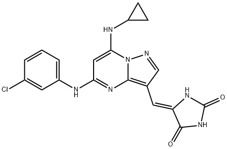 2,4-Imidazolidinedione, 5-[[5-[(3-chlorophenyl)amino]-7-(cyclopropylamino)pyrazolo[1,5-a]pyrimidin-3-yl]methylene]-, (5Z)- Struktur