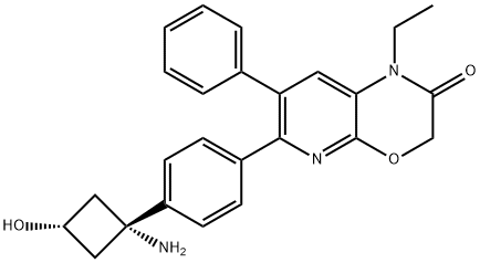 1H-Pyrido[2,3-b][1,4]oxazin-2(3H)-one, 6-[4-(cis-1-amino-3-hydroxycyclobutyl)phenyl]-1-ethyl-7-phenyl- Struktur