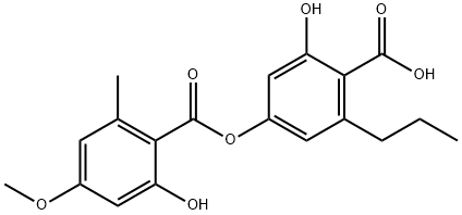 Benzoic acid, 2-hydroxy-4-[(2-hydroxy-4-methoxy-6-methylbenzoyl)oxy]-6-propyl- Struktur