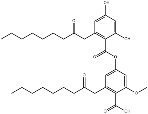 Benzoic acid, 2,4-dihydroxy-6-(2-oxononyl)-, 4-carboxy-3-methoxy-5-(2-oxononyl)phenyl ester Struktur