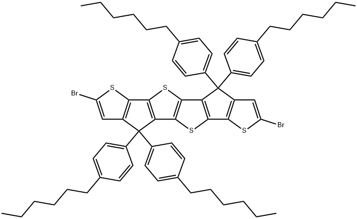 Thieno[3',2':4,5]cyclopenta[1,2-b]thieno[2'',3'':3',4']cyclopenta[1',2':4,5]thieno[2,3-d]thiophene, 2,7-dibromo-4,4,9,9-tetrakis(4-hexylphenyl)-4,9-dihydro- Struktur