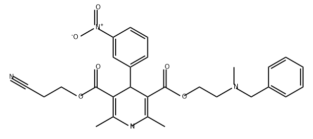 3,5-Pyridinedicarboxylic acid, 1,4-dihydro-2,6-dimethyl-4-(3-nitrophenyl)-, 3-(2-cyanoethyl) 5-[2-[methyl(phenylmethyl)amino]ethyl] ester Struktur