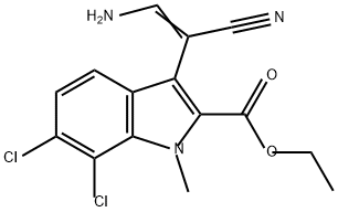 1H-Indole-2-carboxylic acid, 3-(2-amino-1-cyanoethenyl)-6,7-dichloro-1-methyl-, ethyl ester Struktur