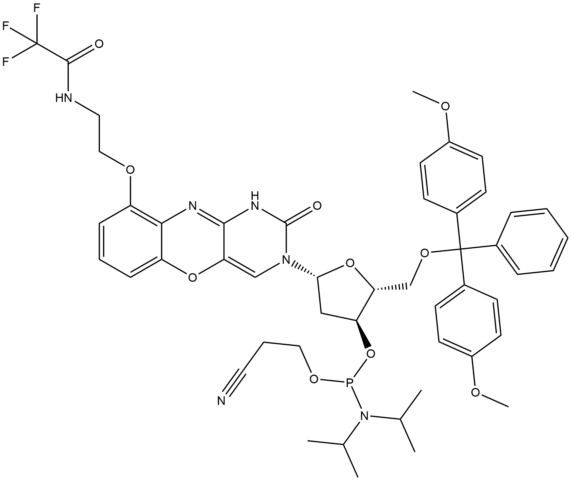 Acetamide, N-[2-[[3-[5-O-[bis(4-methoxyphenyl)phenylmethyl]-3-O-[[bis(1-methylethyl)amino](2-cyanoethoxy)phosphino]-2-deoxy-β-D-erythro-pentofuranosyl]-2,3-dihydro-2-oxo-1H-pyrimido[5,4-b][1,4]benzoxazin-9-yl]oxy]ethyl]-2,2,2-trifluoro- Struktur