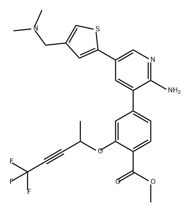 Benzoic acid, 4-[2-amino-5-[4-[(dimethylamino)methyl]-2-thienyl]-3-pyridinyl]-2-[(4,4,4-trifluoro-1-methyl-2-butyn-1-yl)oxy]-, methyl ester Struktur