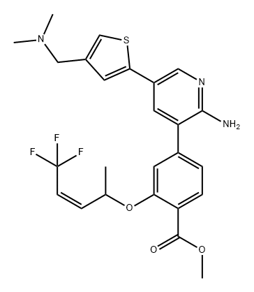 Benzoic acid, 4-[2-amino-5-[4-[(dimethylamino)methyl]-2-thienyl]-3-pyridinyl]-2-[[(2Z)-4,4,4-trifluoro-1-methyl-2-buten-1-yl]oxy]-, methyl ester Struktur