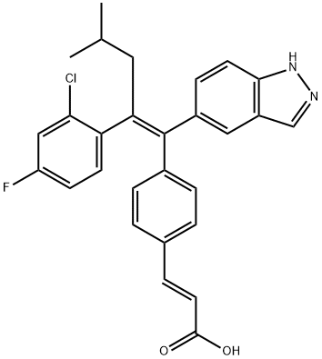 (E)-3-[4-[(E)-2-(2-Chloro-4-fluorophenyl)-1-(1H-indazol-5-yl)-4-methylpent-1-en-1-yl]phenyl]-2-propenoic acid Struktur