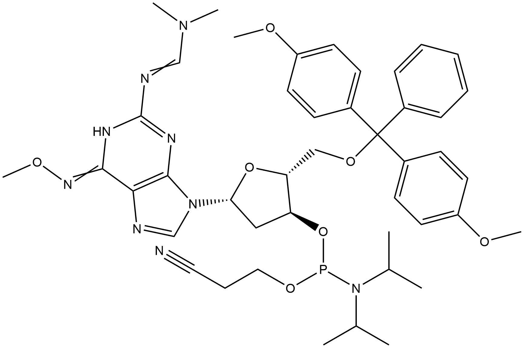 9-[2'-Deoxy-5'-dimethoxytrityl-?-D-ribofuranosyl]-2-dimethylaminomethyleneamino-6-methoxyaminopurine,3'-[(2-cyanoethyl)-(N,N-diisopropyl)]-phosphoramidite Struktur