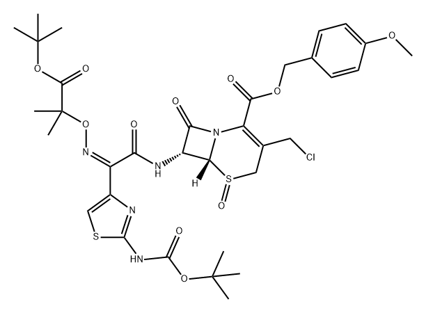 5-Thia-1-azabicyclo[4.2.0]oct-2-ene-2-carboxylic acid, 3-(chloromethyl)-7-[[(2Z)-2-[2-[[(1,1-dimethylethoxy)carbonyl]amino]-4-thiazolyl]-2-[[2-(1,1-dimethylethoxy)-1,1-dimethyl-2-oxoethoxy]imino]acetyl]amino]-8-oxo-, (4-methoxyphenyl)methyl ester, 5-oxide, (6R,7R)- Struktur