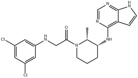 Ethanone, 2-[(3,5-dichlorophenyl)amino]-1-[(2R,3R)-2-methyl-3-(7H-pyrrolo[2,3-d]pyrimidin-4-ylamino)-1-piperidinyl]- Struktur