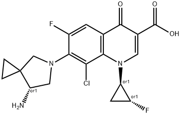 3-Quinolinecarboxylic acid, 7-[(7R)-7-amino-5-azaspiro[2.4]hept-5-yl]-8-chloro-6-fluoro-1-[(1R,2R)-2-fluorocyclopropyl]-1,4-dihydro-4-oxo-, rel- Struktur