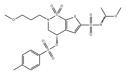 Ethanimidic acid, N-[[(4S)-3,4-dihydro-2-(3-methoxypropyl)-4-[[(4-methylphenyl)sulfonyl]oxy]-1,1-dioxido-2H-thieno[3,2-e]-1,2-thiazin-6-yl]sulfonyl]-, methyl ester Struktur