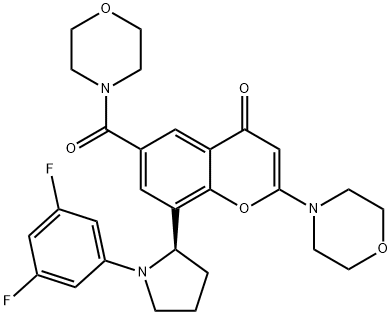 4H-1-Benzopyran-4-one, 8-[(2R)-1-(3,5-difluorophenyl)-2-pyrrolidinyl]-2-(4-morpholinyl)-6-(4-morpholinylcarbonyl)- Struktur