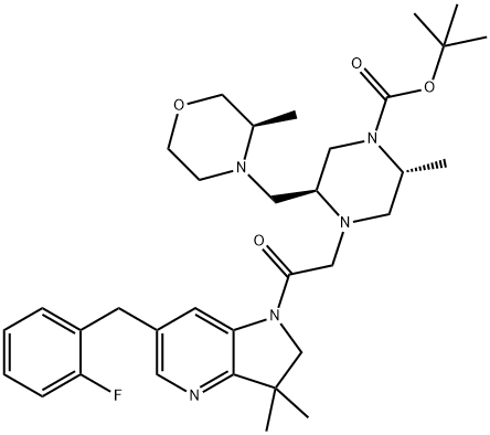 1-Piperazinecarboxylic acid, 4-[2-[6-[(2-fluorophenyl)methyl]-2,3-dihydro-3,3-dimethyl-1H-pyrrolo[3,2-b]pyridin-1-yl]-2-oxoethyl]-2-methyl-5-[[(3R)-3-methyl-4-morpholinyl]methyl]-, 1,1-dimethylethyl ester, (2R,5S)- Struktur