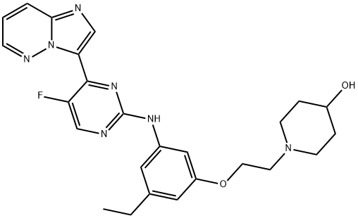 1-[2-[3-Ethyl-5-[(5-fluoro-4-imidazo[1,2-b]pyridazin-3-yl-2-pyrimidinyl)amino]phenoxy]ethyl]-4-piperidinol Struktur