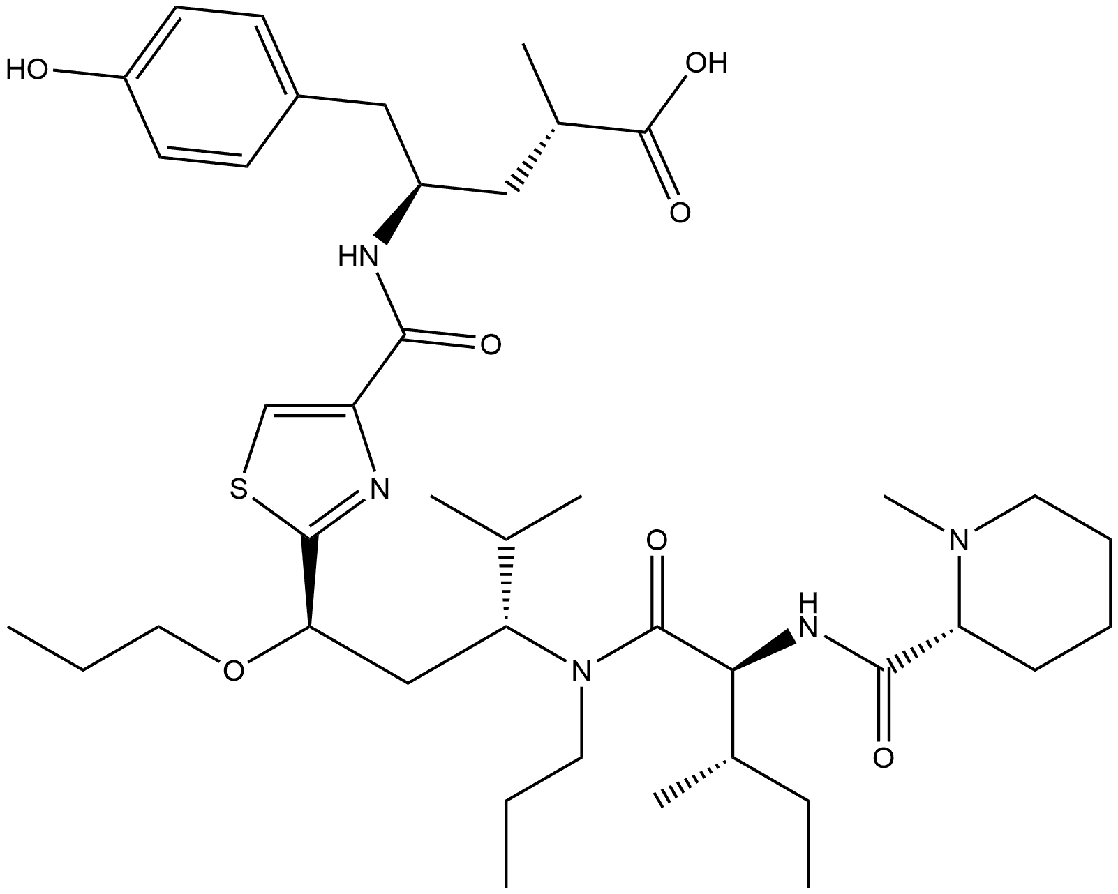 Benzenepentanoic acid, 4-hydroxy-α-methyl-γ-[[[2-[(1R,3R)-4-methyl-3-[[(2S,3S)-3-methyl-2-[[[(2R)-1-methyl-2-piperidinyl]carbonyl]amino]-1-oxopentyl]propylamino]-1-propoxypentyl]-4-thiazolyl]carbonyl]amino]-, (αS,γR)- Struktur