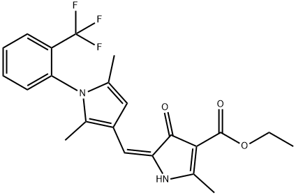 1H-Pyrrole-3-carboxylic acid, 5-[[2,5-dimethyl-1-[2-(trifluoromethyl)phenyl]-1H-pyrrol-3-yl]methylene]-4,5-dihydro-2-methyl-4-oxo-, ethyl ester, (5E)- Struktur