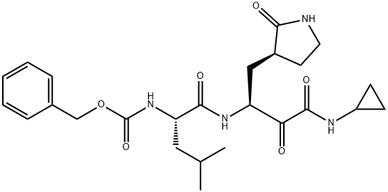 Carbamic acid, N-[(1S)-1-[[[(1S)-3-(cyclopropylamino)-2,3-dioxo-1-[[(3S)-2-oxo-3-pyrrolidinyl]methyl]propyl]amino]carbonyl]-3-methylbutyl]-, phenylmethyl ester Struktur