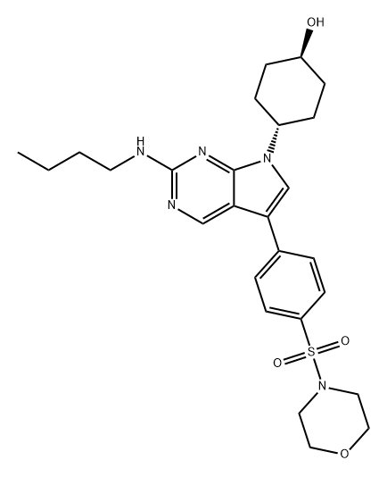 Cyclohexanol, 4-[2-(butylamino)-5-[4-(4-morpholinylsulfonyl)phenyl]-7H-pyrrolo[2,3-d]pyrimidin-7-yl]-, trans- Struktur