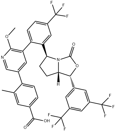 Benzoic acid, 4-[5-[2-[(1R,5S,7aS)-1-[3,5-bis(trifluoromethyl)phenyl]tetrahydro-3-oxo-1H,3H-pyrrolo[1,2-c]oxazol-5-yl]-4-(trifluoromethyl)phenyl]-6-methoxy-3-pyridinyl]-3-methyl- Struktur