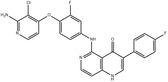 1,6-Naphthyridin-4(1H)-one, 5-[[4-[(2-amino-3-chloro-4-pyridinyl)oxy]-3-fluorophenyl]amino]-3-(4-fluorophenyl)- Struktur