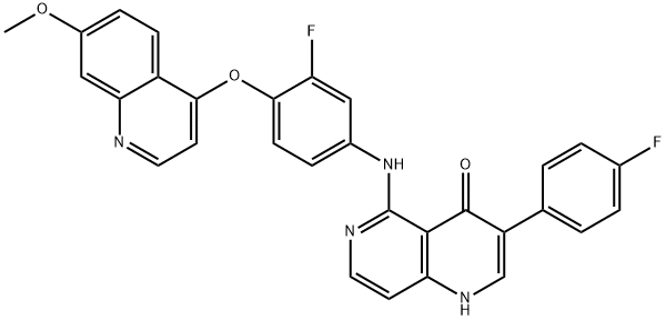 1,6-Naphthyridin-4(1H)-one, 5-[[3-fluoro-4-[(7-methoxy-4-quinolinyl)oxy]phenyl]amino]-3-(4-fluorophenyl)- Struktur