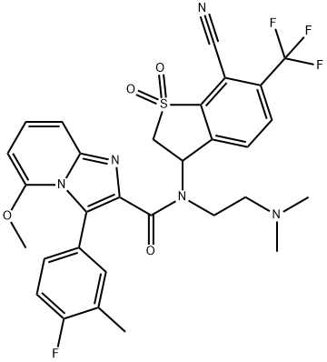 Imidazo[1,2-a]pyridine-2-carboxamide, N-[7-cyano-2,3-dihydro-1,1-dioxido-6-(trifluoromethyl)benzo[b]thien-3-yl]-N-[2-(dimethylamino)ethyl]-3-(4-fluoro-3-methylphenyl)-5-methoxy- Struktur