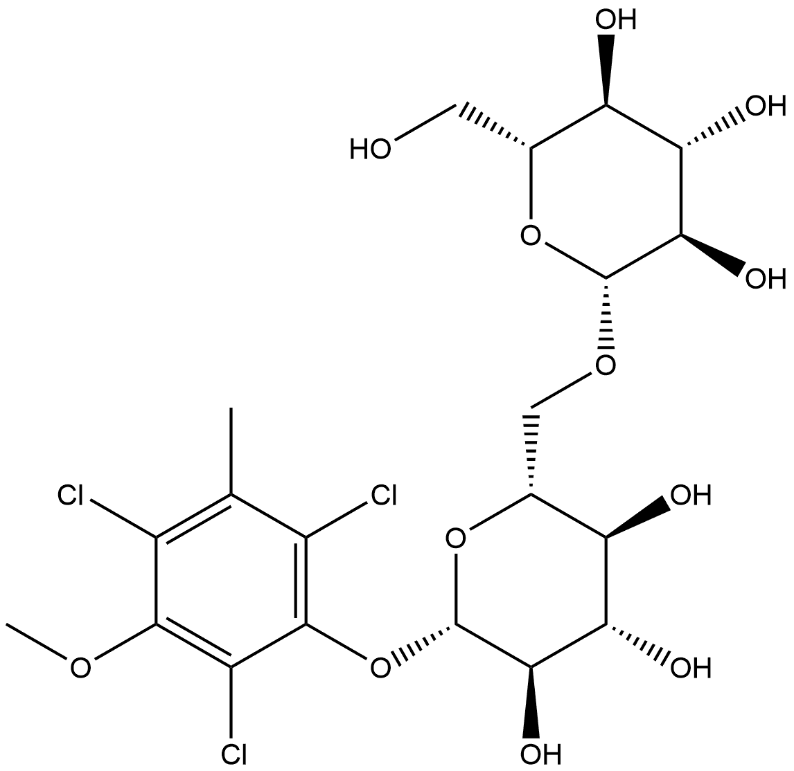 2,4,6-trichlorol-3-methyl-5-methoxyphenol-1-O-β-D-glucopyranosyl-(1→6)-β-D-glucopyranoside Struktur