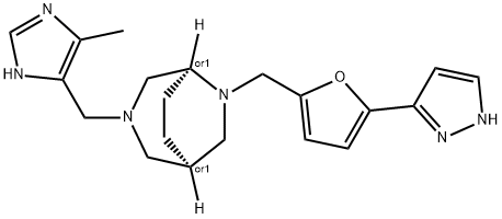 3,6-Diazabicyclo[3.2.2]nonane, 3-[(4-methyl-1H-imidazol-5-yl)methyl]-6-[[5-(1H-pyrazol-3-yl)-2-furanyl]methyl]-, (1R,5S)-rel- Struktur