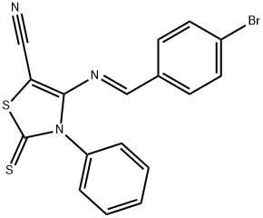 5-Thiazolecarbonitrile, 4-[(E)-[(4-bromophenyl)methylene]amino]-2,3-dihydro-3-phenyl-2-thioxo- Struktur