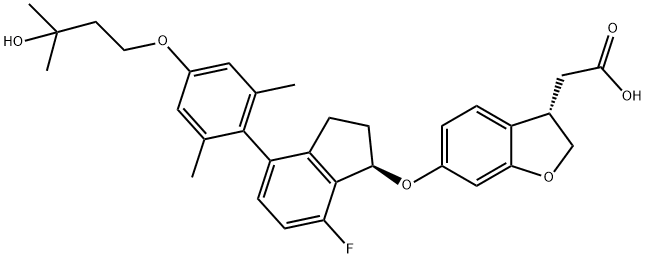 3-Benzofuranacetic acid, 6-[[(1R)-7-fluoro-2,3-dihydro-4-[4-(3-hydroxy-3-methylbutoxy)-2,6-dimethylphenyl]-1H-inden-1-yl]oxy]-2,3-dihydro-, (3S)- Struktur