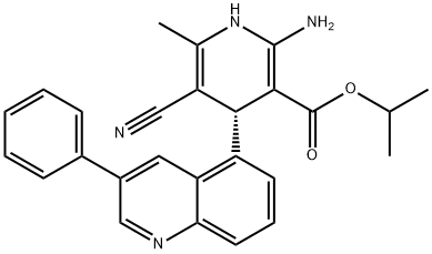 3-Pyridinecarboxylic acid, 2-amino-5-cyano-1,4-dihydro-6-methyl-4-(3-phenyl-5-quinolinyl)-, 1-methylethyl ester, (4R)- Struktur