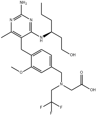 Glycine, N-[[4-[[2-amino-4-[[(1S)-1-(2-hydroxyethyl)butyl]amino]-6-methyl-5-pyrimidinyl]methyl]-3-methoxyphenyl]methyl]-N-(2,2,2-trifluoroethyl)- Struktur