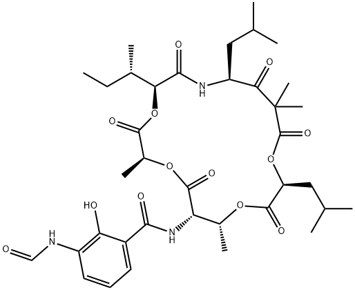 Benzamide, 3-(formylamino)-2-hydroxy-N-[(2S,5S,8S,13S,16R,17S)-2,10,10,16-tetramethyl-5-[(1S)-1-methylpropyl]-8,13-bis(2-methylpropyl)-3,6,9,11,14,18-hexaoxo-1,4,12,15-tetraoxa-7-azacyclooctadec-17-yl]- Struktur