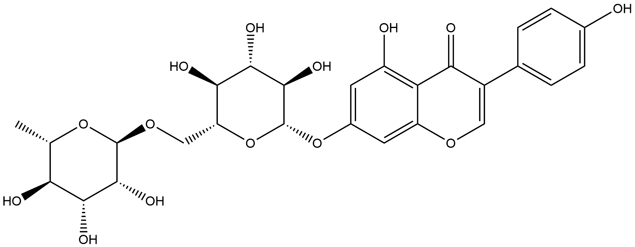 4H-1-Benzopyran-4-one, 7-[[6-O-(6-deoxy-α-L-mannopyranosyl)-β-D-glucopyranosyl]oxy]-5-hydroxy-3-(4-hydroxyphenyl)- Struktur