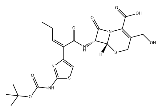 5-Thia-1-azabicyclo[4.2.0]oct-2-ene-2-carboxylic acid, 7-[[(2Z)-2-[2-[[(1,1-dimethylethoxy)carbonyl]amino]-4-thiazolyl]-1-oxo-2-penten-1-yl]amino]-3-(hydroxymethyl)-8-oxo-, (6R,7R)- Struktur