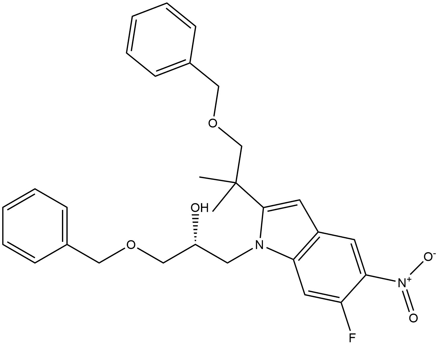 1H-Indole-1-ethanol, 2-[1,1-dimethyl-2-(phenylmethoxy)ethyl]-6-fluoro-5-nitro-α-[(phenylmethoxy)methyl]-, (αR)- Struktur