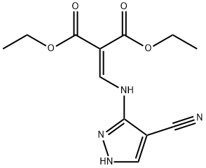 Propanedioic acid, 2-[[(4-cyano-1H-pyrazol-3-yl)amino]methylene]-, 1,3-diethyl ester Struktur