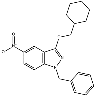 1H-Indazole, 3-(cyclohexylmethoxy)-5-nitro-1-(phenylmethyl)- Struktur