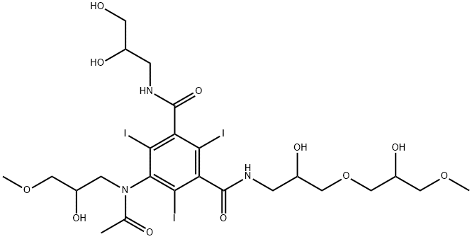 1,3-Benzenedicarboxamide, 5-[acetyl(2-hydroxy-3-methoxypropyl)amino]-N1-(2,3-dihydroxypropyl)-N3-[2-hydroxy-3-(2-hydroxy-3-methoxypropoxy)propyl]-2,4,6-triiodo- Struktur