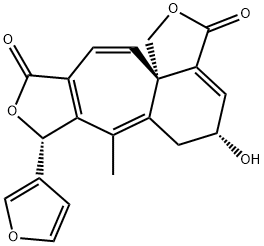 1H,3H-Furo[3',4':4,5]cyclohept[1,2-d]isobenzofuran-3,10(8H)-dione, 8-(3-furanyl)-5,6-dihydro-5-hydroxy-7-methyl-, (5R,8R,12aS)- Struktur