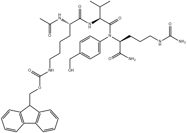 L-Ornithinamide, N2-acetyl-N6-[(9H-fluoren-9-ylmethoxy)carbonyl]-L-lysyl-L-valyl-N5-(aminocarbonyl)-N-[4-(hydroxymethyl)phenyl]- Struktur