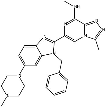 1,2,4-Triazolo[4,3-a]pyrazin-8-amine, N,3-dimethyl-6-[6-(4-methyl-1-piperazinyl)-1-(phenylmethyl)-1H-benzimidazol-2-yl]- Struktur