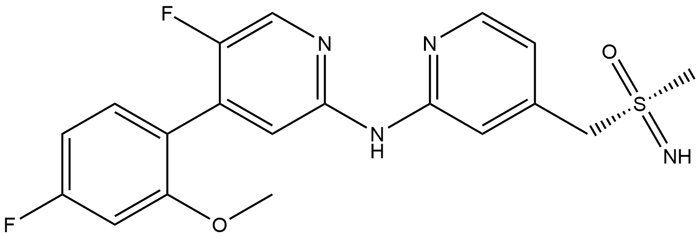 2-Pyridinamine, 5-fluoro-4-(4-fluoro-2-methoxyphenyl)-N-[4-[[[S(R)]-S-methylsulfonimidoyl]methyl]-2-pyridinyl]- Struktur