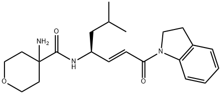 2H-Pyran-4-carboxamide, 4-amino-N-[(1S,2E)-4-(2,3-dihydro-1H-indol-1-yl)-1-(2-methylpropyl)-4-oxo-2-buten-1-yl]tetrahydro- Struktur