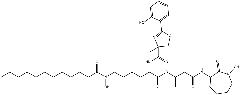 Lysine, N2-[[4,5-dihydro-2-(2-hydroxyphenyl)-4-methyl-4-oxazolyl]carbonyl]-N6-hydroxy-N6-(1-oxododecyl)-, 3-[(hexahydro-1-hydroxy-2-oxo-1H-azepin-3-yl)amino]-1-methyl-3-oxopropyl ester (9CI) Struktur