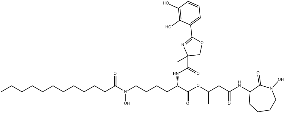 Lysine, N2-[[2-(2,3-dihydroxyphenyl)-4,5-dihydro-4-methyl-4-oxazolyl]carbonyl]-N6-hydroxy-N6-(1-oxododecyl)-, 3-[(hexahydro-1-hydroxy-2-oxo-1H-azepin-3-yl)amino]-1-methyl-3-oxopropyl ester (9CI) Struktur