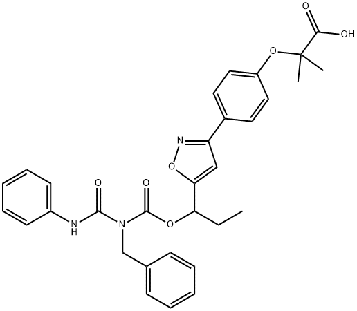 Propanoic acid, 2-methyl-2-[4-[5-[1-[[[[(phenylamino)carbonyl](phenylmethyl)amino]carbonyl]oxy]propyl]-3-isoxazolyl]phenoxy]- Struktur