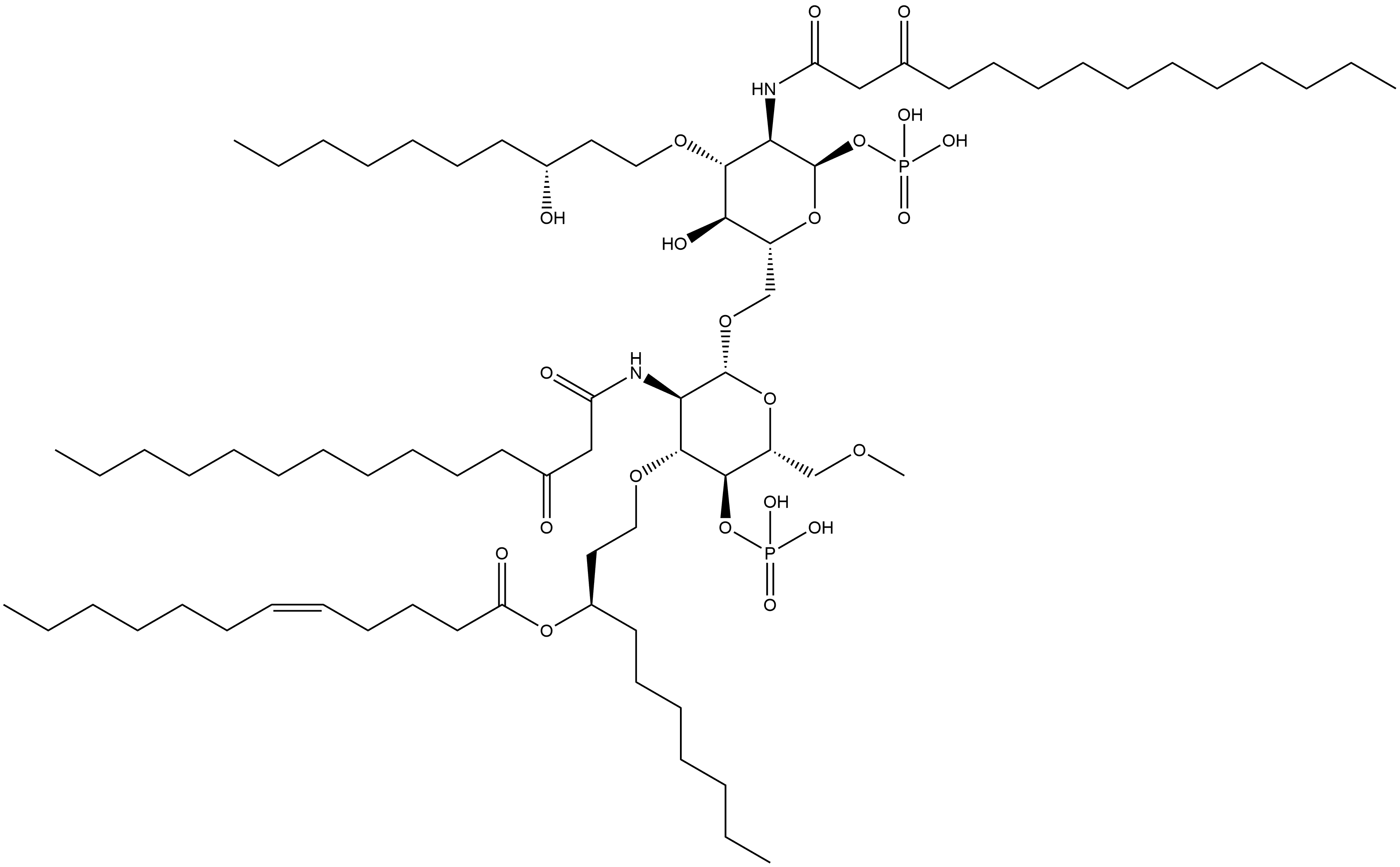 α-D-Glucopyranose, 2-deoxy-6-O-[2-deoxy-2-[(1,3-dioxotetradecyl)amino]-6-O-methyl-3-O-[(3R)-3-[[(5Z)-1-oxo-5-dodecen-1-yl]oxy]decyl]-4-O-phosphono-β-D-glucopyranosyl]-2-[(1,3-dioxotetradecyl)amino]-3-O-[(3R)-3-hydroxydecyl]-, 1-(dihydrogen phosphate) Struktur